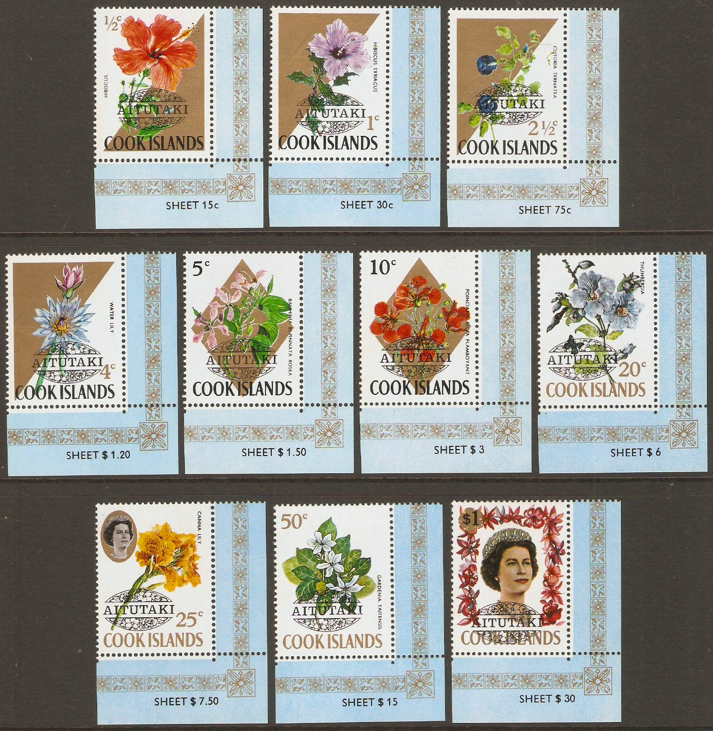 Aitutaki 1972 Flowers Stamps Set. SG49-SG58.