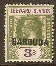 Barbuda 1922 3s Bright green and violet. SG7. - Click Image to Close