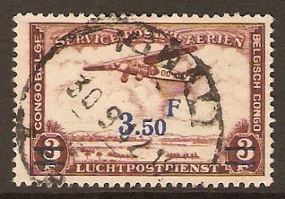 Belgian Congo 1936 3f.50 on 3f Red-brown Air Stamp. SG214.