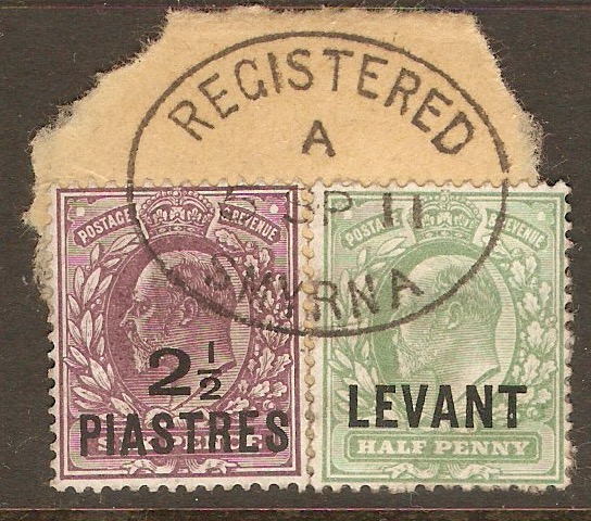 British Levant 1905 and 1910 Smyrna cds envelope clipping. SGL1