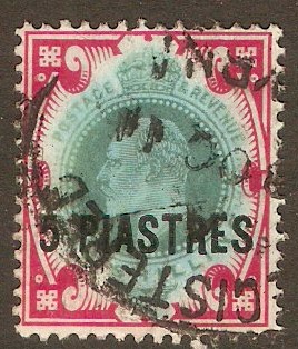 British Levant 1909 5pi on 1s Dull green and carmine. SG21.