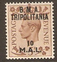 Tripolitania 1948 10l on 5d Brown. SGT7.