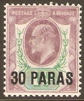 British Levant 1911 30pi on 1d Reddish purple and bright green.