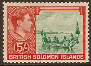 British Solomon Islands 1939 5s Emerald-green and scarlet. SG71.