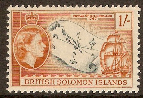 British Solomon Islands 1956 1s Slate and orange-brown. SG91a.