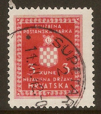 Croatia 1942 3k Vermilion - Official stamp. SGO60A.
