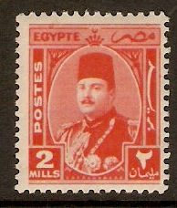 Egypt 1944 2m Red - King Farouk definitive series. SG292.