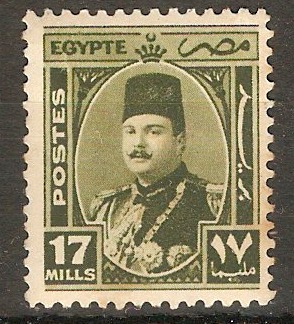 Egypt 1944 17m Olive - King Farouk definitive series. SG299.