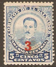 El Salvador 1938 3c on 5c Blue. SG885.