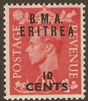Eritrea 1948 10c on 1d Pale scarlet. SGE2.