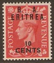 Eritrea 1950 10c on 1d Pale scarlet. SGE14.
