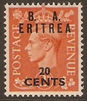 Eritrea 1950 20c on 2d Pale orange. SGE15.