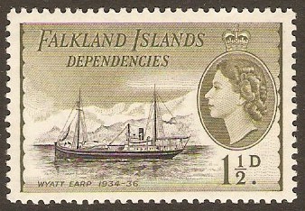 Falkland Islands Depend. 1954 1d Black and olive. SGG28.