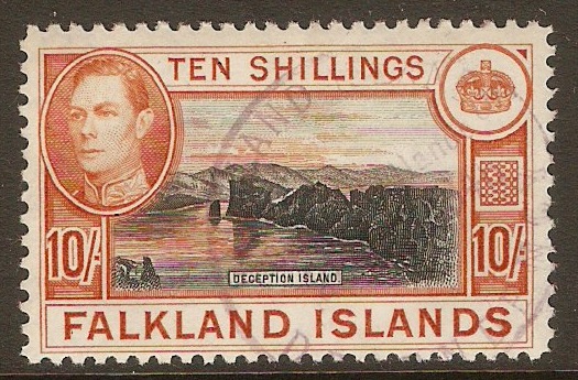 Falkland Islands 1938 10s Black and orange-brown. SG162.
