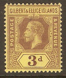Gilbert and Ellice 1912 3d Purple on yellow. SG16.