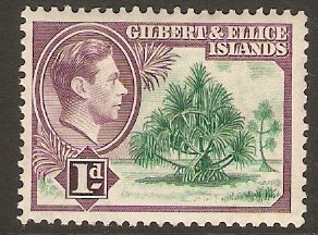 Gilbert and Ellice 1939 1d Emerald and plum. SG44.
