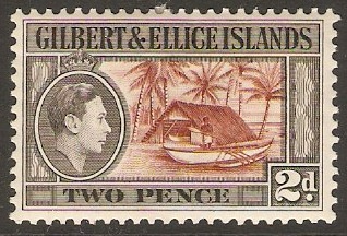 Gilbert and Ellice 1939 2d Red-brown and grey-black. SG46.
