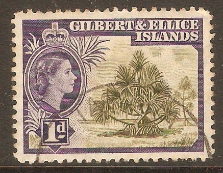 Gilbert and Ellice 1956 1d Brown-olive and deep violet. SG65.