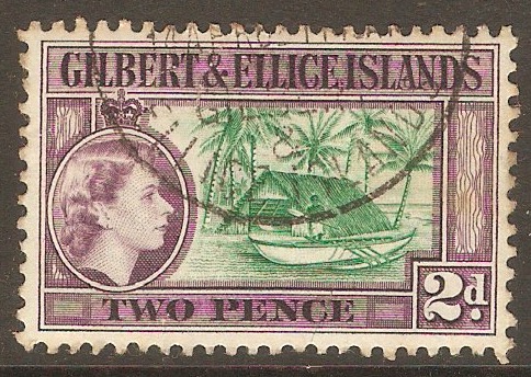 Gilbert and Ellice 1956 2d Bluish green & deep purple. SG66.