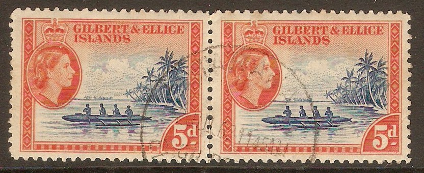 Gilbert and Ellice 1956 5d Ultramarine and red-orange. SG69.