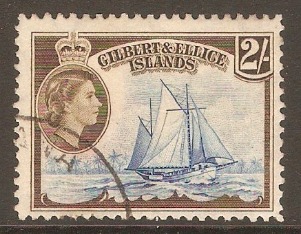 Gilbert and Ellice 1956 2s Deep bright blue and sepia. SG72.