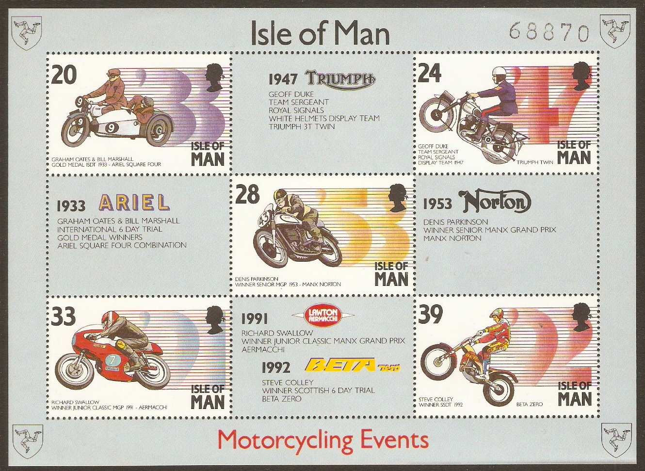 Isle of Man 1992 Motor Cycling Events Sheet. SGMS572.