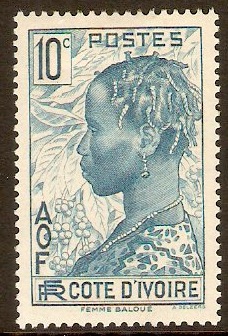 Ivory Coast 1936 10c Turquoise-blue. SG119.