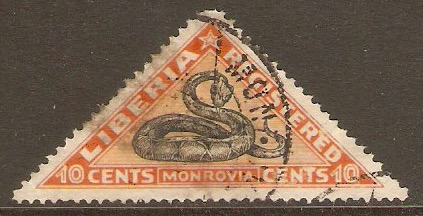 Liberia 1921 10c Black and orange - Registration Stamp. SGR459.