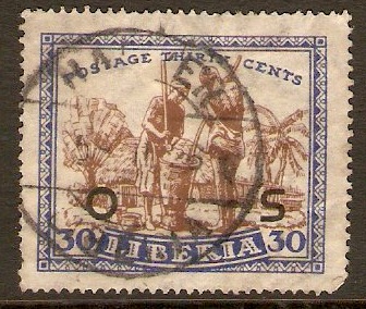 Liberia 1923 30c Brown and blue - Official stamp. SGO493.