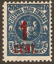 Lithuania 1922 1c on 20s blue. SG143.
