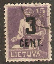 Lithuania 1922 3c on 15s Mauve. SG153.