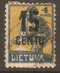 Lithuania 1922 15c on 4a Blue and yellow. SG170.