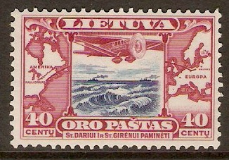 Lithuania 1934 40c Blue and red - Airmen series. SG390.