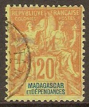Madagascar 1896 20c Red on green. SG8.