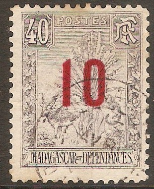 Madagascar 1912 10 on 40c Grey-lilac. SG77.