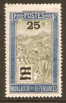 Madagascar 1922 25c on 2f Olive and blue. SG111.