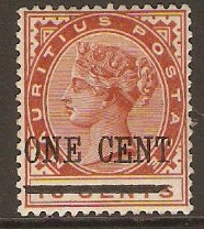 Mauritius 1893 1c on 16c Chestnut. SG124.