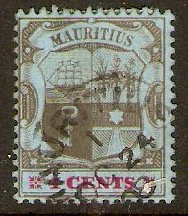 Mauritius 1900 4c Black and carmine on blue. SG143.
