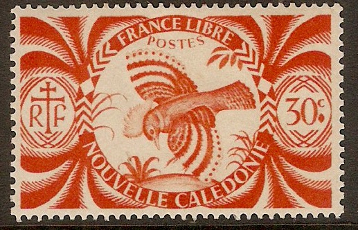New Caledonia 1942 30c Red-orange - Free French series. SG270.