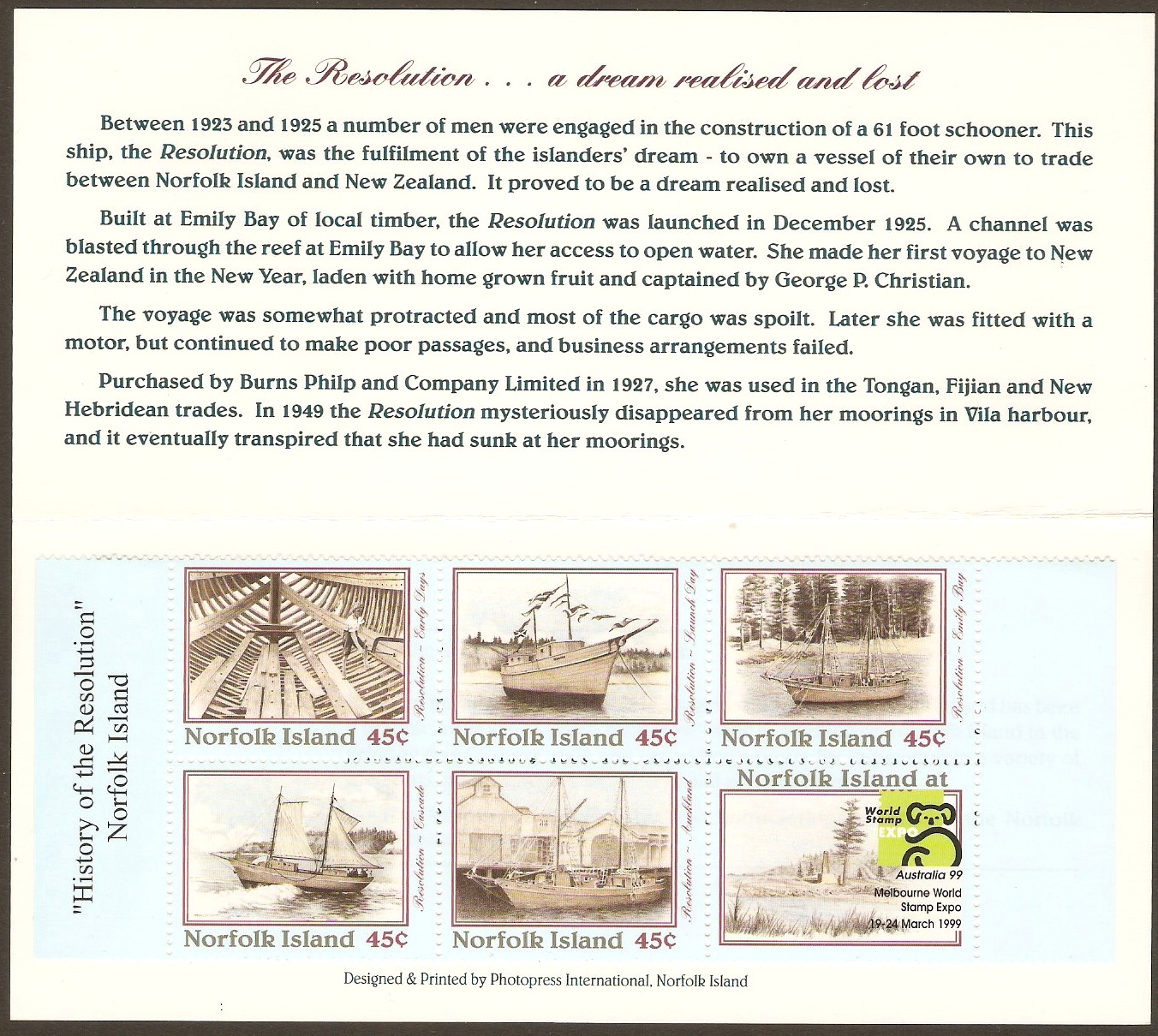 Norfolk Island 1999 "Australia '99" Exhibition Stamp Booklet. SG