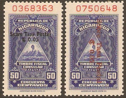 Nicaragua 1959 Tax Stamps Set. SG1357-SG1358.