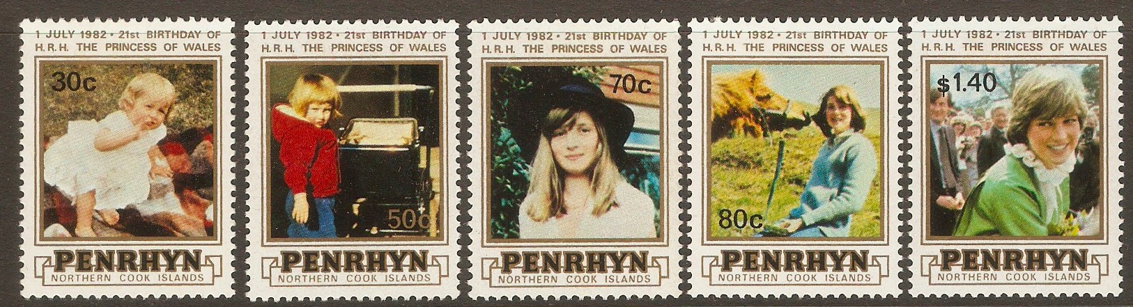 Penrhyn Island 1982 Princess of Wales Birthday set. SG250-SG254.