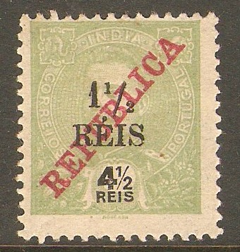 Portuguese India 1914 1r on 4r Pale green. SG423.