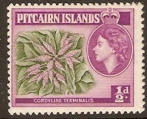Pitcairn Islands 1957 d Green and reddish purple. SG18a.