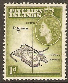 Pitcairn Islands 1957 1d Black and olive-green. SG19.
