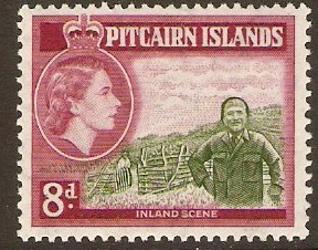 Pitcairn Islands 1957 8d Deep olive-green and carmine-lake. SG25