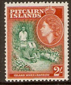 Pitcairn Islands 1957 2s Green and red-orange. SG27.