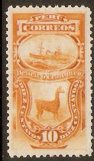 Peru 1874 10c Orange - Postage Due. SGD33a.