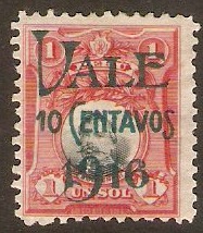Peru 1916 10c on 1s Blue-black and lake. SG397.