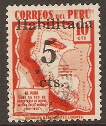 Peru 1940 5c on 10c Claret - Surcharge stamp. SG669.